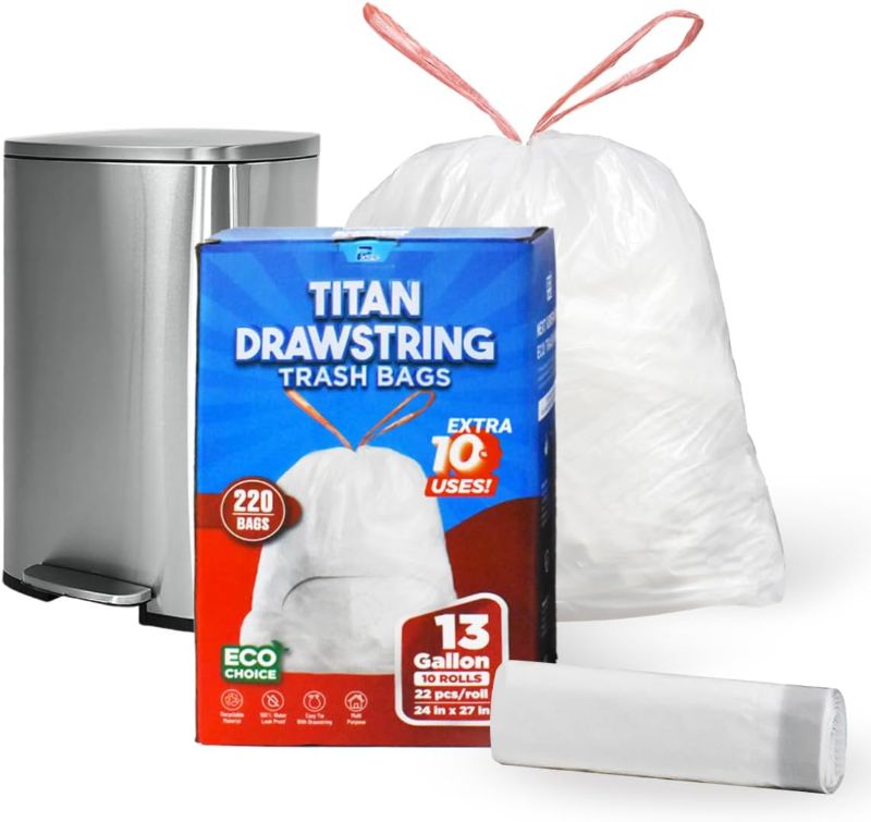 Photo 1 of 220 Count Heavy - Duty 13 Gallon Drawstring Trash Bags – Tear-Resistant Bags for Kitchen, Office, and Commercial Use
