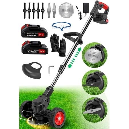 Photo 1 of TNTANTS Electric Weed Wacker Cordless String Trimmer with Wheels 2Pcs 24V Batteries 3 Types of Blades Adjustable Length Weed Eater Grass Trimmer/