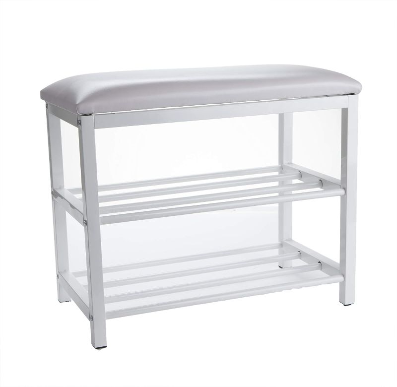 Photo 1 of  Shoe Bench, Shoe Organizer, Shoe Rack, Padded Bench, Storage, Entryway, Metal, 23.5" L x 11.8" W x 19.88" H, White
