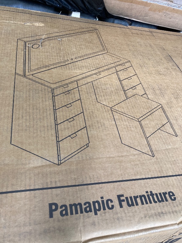 Photo 1 of ***(PARTIAL SET-MISSING PARTS SELLING AS IS)***
Pamapic Glass Top Vanity Desk with Mirror and Lights, 11 Drawers Makeup Vanity with Golden Handles, 3 Lighting Modes Upgraded Silent Slides Vanity Desk with Bench, Portable Mirror and Power Putlet  ***(BOX R