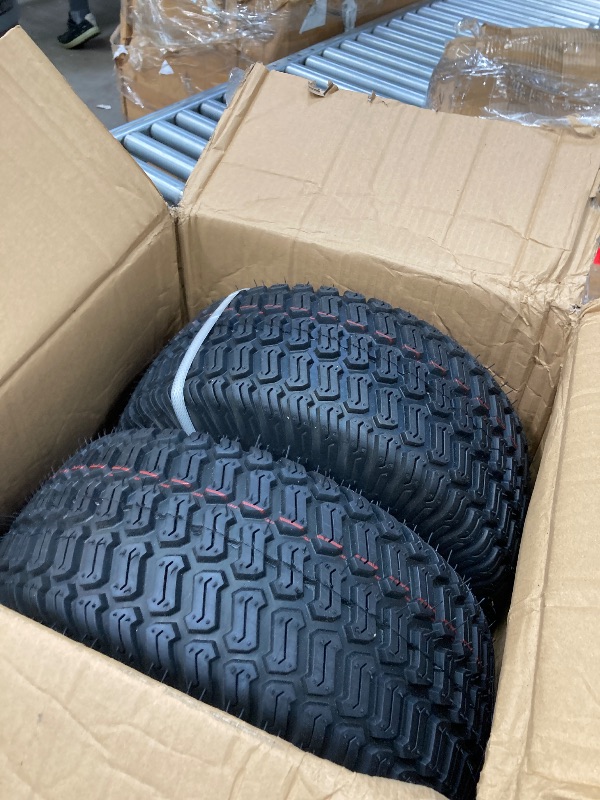Photo 1 of 2-Pack 15x6.00-6 Lawn Mower Tire and wheel with chevron Turf Treads and 3" -6'' Offset Hub, 3/4" or 5/8'' Bearings, Front Tire Assembly Replacement for Craftsman Riding Mowers? John Deere Mowers