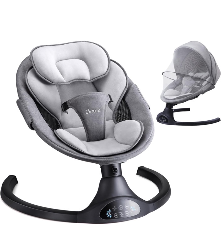 Photo 1 of  Baby Swing Infant Swing Electric Toddler Baby Rocker Portable for Newborn Boy Girl, 5 Sway Speeds with Remote Control, 10 Preset Melodies and Bluetooth, 0-6 Months Max 20 Lbs (Black)