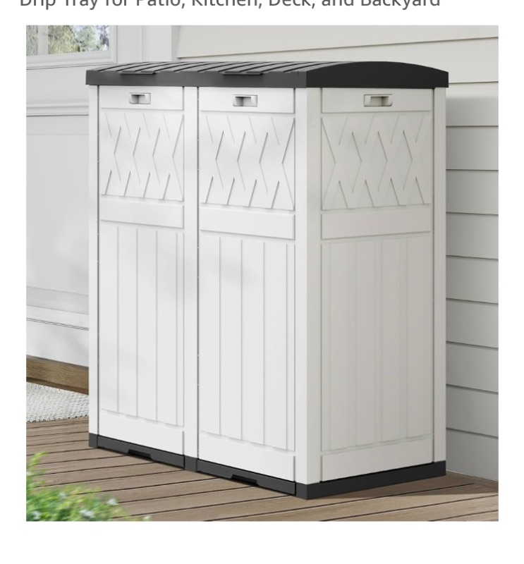 Photo 1 of 
DWVO 66 Gallon Double-Bin Outdoor Trash Can, Waterproof Resin Garbage Can with Tiered Lid and Drip Tray for Patio, Kitchen, Deck, and Backyard
