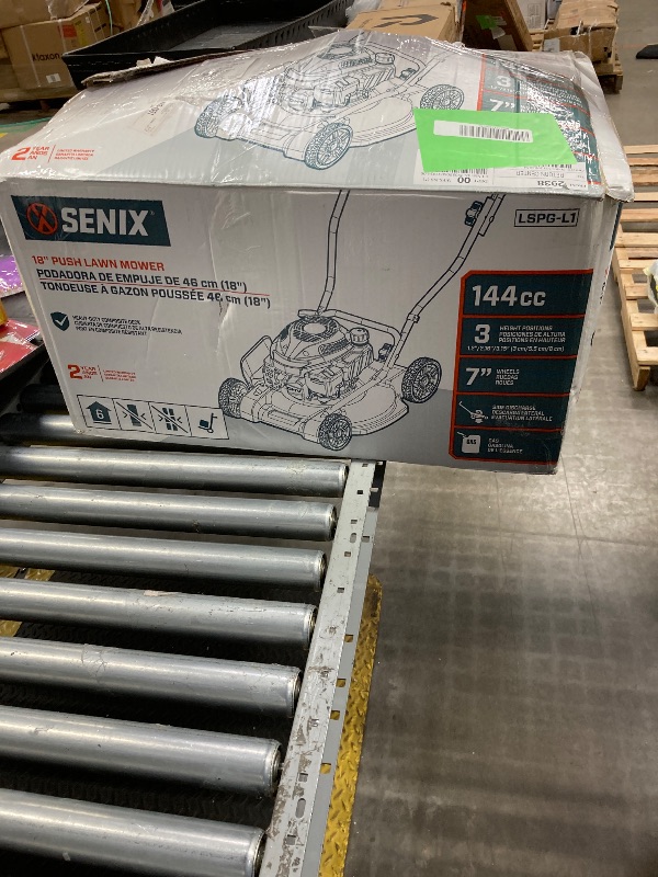 Photo 1 of  SENIX Gas Lawn mower, 18in Cutting Blade / 19in Cutting Deck, 144cc 4-Cycle Engine Push Mower with Side Discharge ***USED, DIRT/GRASS RESIDUE, SOME SCUFFS/SCRATCHES)***