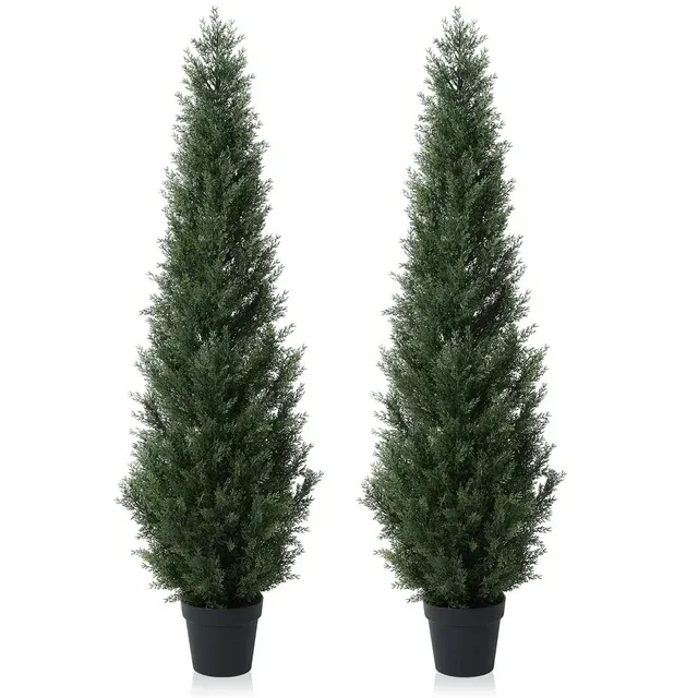 Photo 1 of **DAMAGED PACKAGING**Artificial Christmas Tree 5 FT Artificial Cedar Topiary Trees for Outdoors Potted Fake Cypress Trees Faux Evergreen Plants for Home Porch Decor Set of 2
