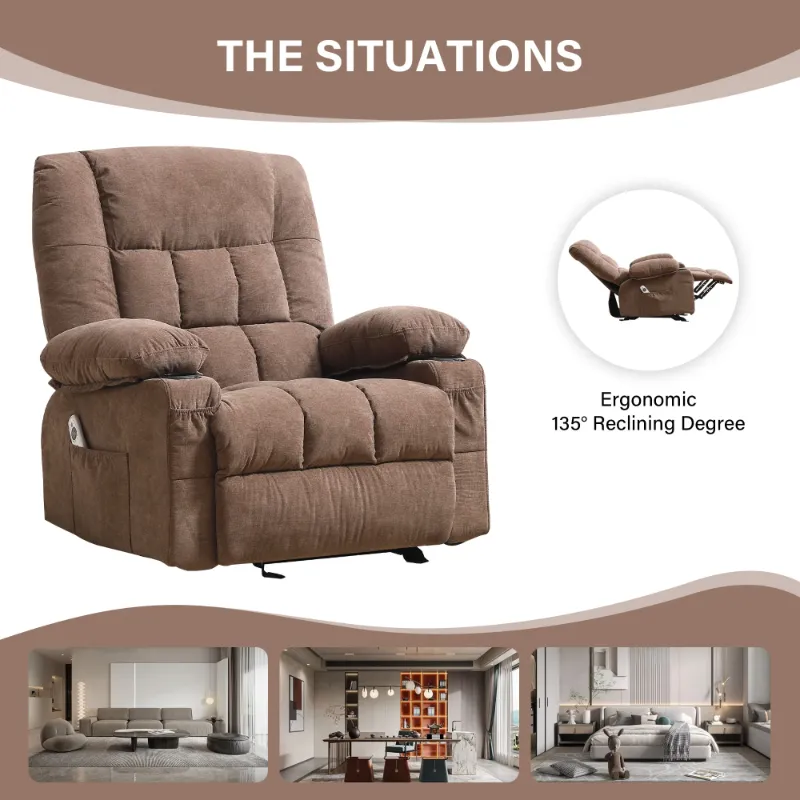 Photo 1 of ++ not complete++JONPONY Manual Recliner Chair with Heat Therapy and Massage Function, Heavy Duty Reclining Mechanism Massage Chair, Elderly Single Rocker Sofa with Cup Holders for Bedroom Home Theater,Brown
