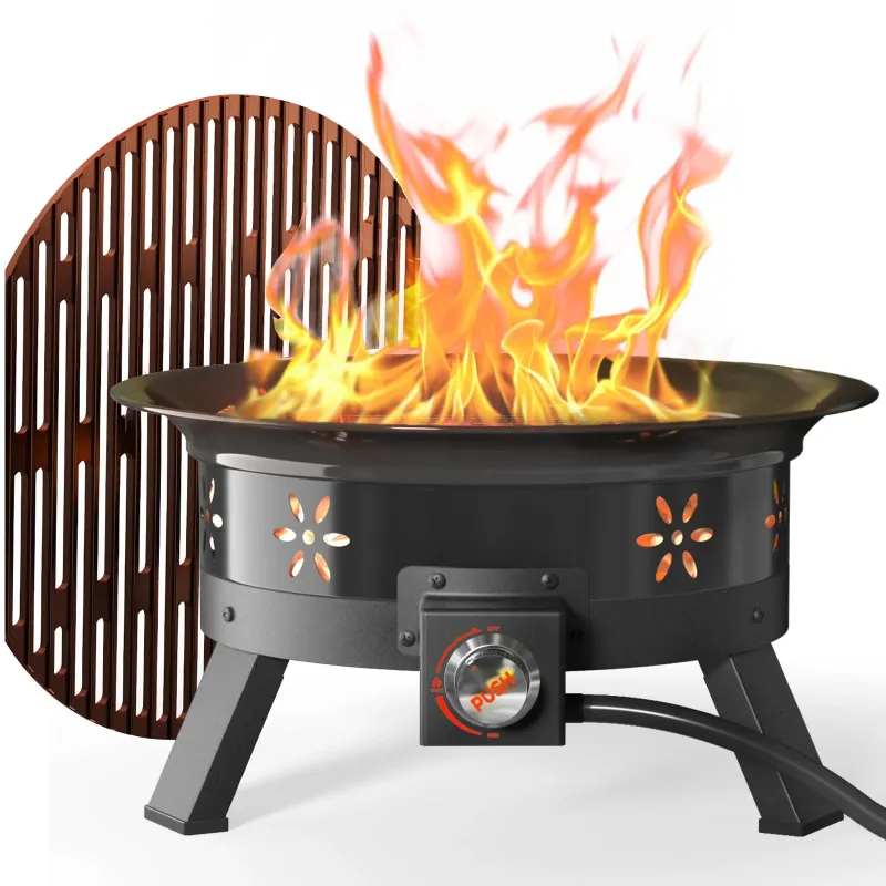 Photo 1 of 19 inch Portable Fire Pits with Grill for Outside 58000 BTU Gas Fire Bowl with Foldable Legs & Lid & Carry Kit & Lava Rock Stone
