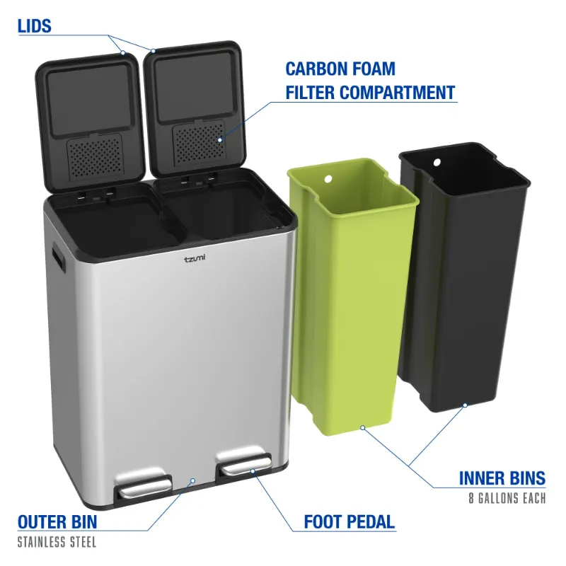 Photo 1 of ***DAMAGED/BENT**Tzumi Dual-Compartment Recycling Bin Stainless Steel Trash Can for Kitchen, 16 Gallon Total
