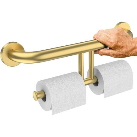 Photo 1 of 17 Inch Grab Bar W/Double Toilet Paper Roll Holder Gold ZUEXT Stainless Steel Shower Support Balanced Support Handle Wall Mounted Safety Handrail Gr
