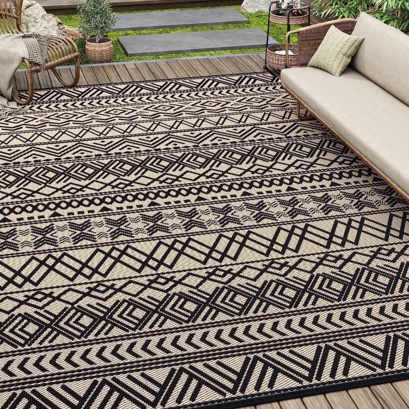 Photo 1 of **SIMILIAR TO PIC**SIXHOME Outdoor Rug Waterproof Reversible Patio Rug Boho Geometric Indoor Outdoor Rugs Lightweight Plastic Straw Ourdoor Carpet for RV Camping Deck Balcony Modern Porch Decor Black and Beige 8X10