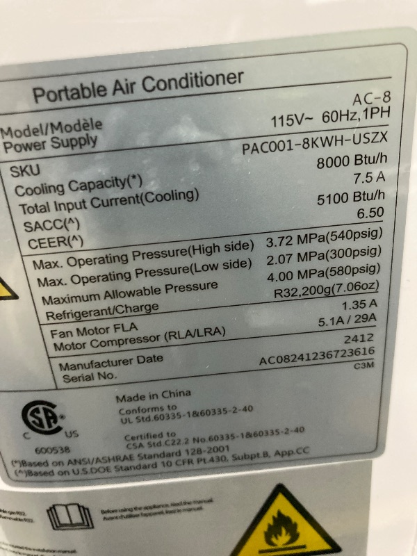 Photo 1 of ***(SELLING AS PARTS ONLY- DOESN'T TURN ON,NO REMOTE)***NOT IN BOX, NO PACKAGING***
Simzlife Portable Air Conditioner 8000 BTU Ashrae , Dehumidifier, Fan,Cool, 3 in 1 AC with Remote Control
