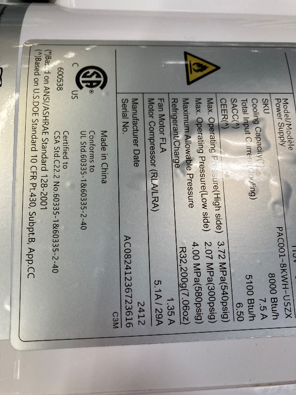 Photo 1 of ***(SELLING AS PARTS ONLY- DOESN'T TURN ON,NO REMOTE)***NOT IN BOX, NO PACKAGING***
Simzlife Portable Air Conditioner 8000 BTU Ashrae , Dehumidifier, Fan,Cool, 3 in 1 AC with Remote Control
