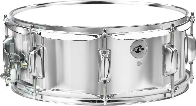 Photo 1 of  Steel Snare Drum (MetalPRO Edition) – Chrome Shell with 8 Lugs, Throw Off Strainer, White Head & Drum Key – Percussion Instrument Kit