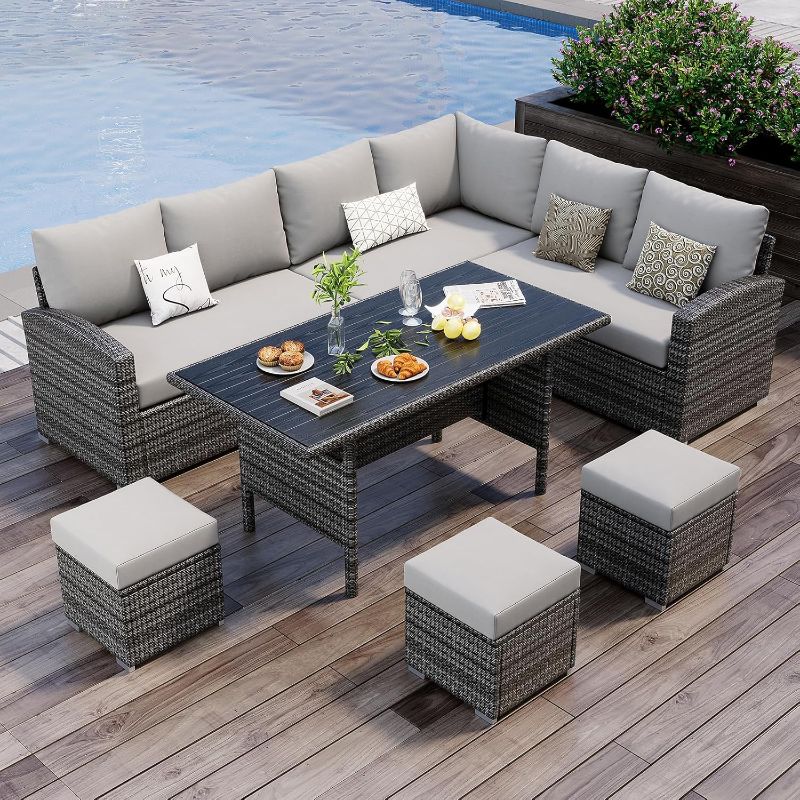 Photo 1 of ***PARTS ONLY***
7 Pieces Outdoor Dining Set, Patio Rattan Conversationr Sofa Set, All Weather Sectional Rattan Sofa and Chairs, Poolside, Garden, Porch, Grey + Light Grey
