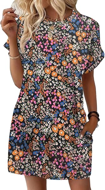 Photo 1 of  Womens Summer Dress 2025 Floral T Shirt Dress Casual Cap Sleeve Crewneck Loose Boho Shift Mini Dresses SIZE XXL