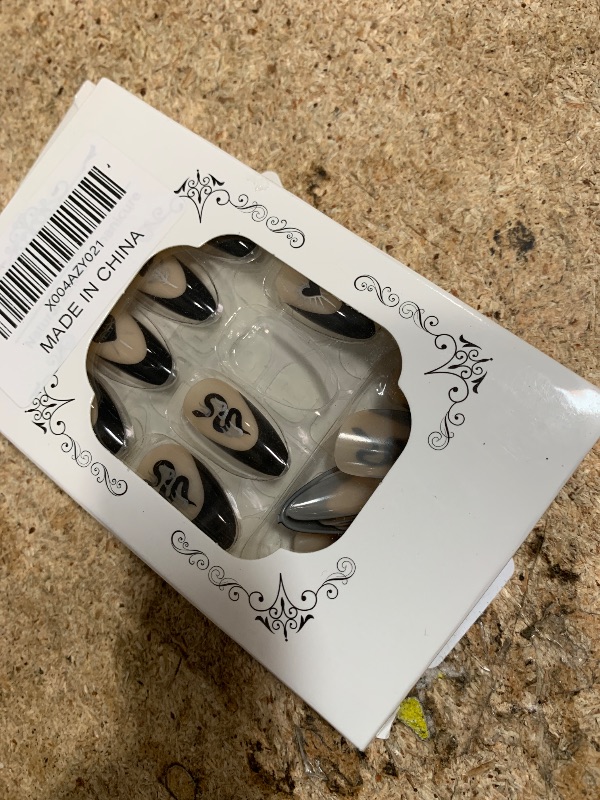 Photo 1 of  Black French Tip Press On Nails - Almond Shape, Full Cover, Glue On, Stiletto with Rose Heart, Spider Web designs for Women