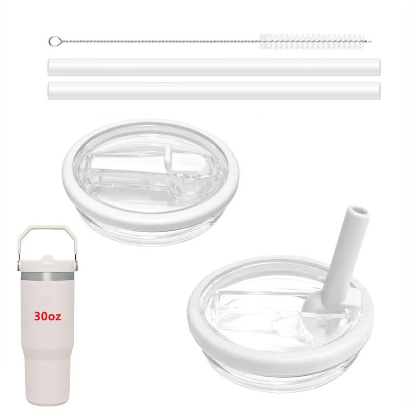 Photo 1 of 2 Pack 30 oz Tumbler Flip Straw Lid Replacement Fit for Stanley Quencher, Spill Proof Tumbler Cover Compatible with Stanley Cup with 2pcs Straws and 1pcs Cleaning Brush (White)
