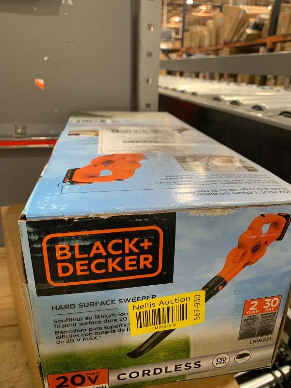 Photo 1 of BLACK+DECKER 20V MAX Cordless Leaf Blower, Lawn Sweeper, 130 mph Air Speed, Lightweight Design, Battery and Charger Included (LSW221)