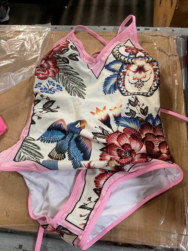 Photo 1 of (LARGE) (BAGGED) (USED/FAIR) Two Piece Bathing Suit for Women Floral One Piece Bikini Mesh Sheer Wrap Skirt Flattering Push Up Swimsuit Surfing Rash Guard Set Cheeky Tankini Swimwear Retro Sarong Cover Ups Pink Bird L