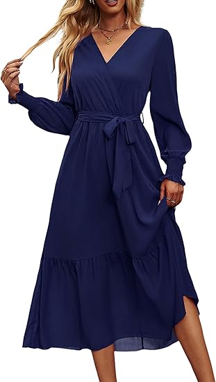 Photo 1 of (in blue) PRETTYGARDEN Women's 2023 Fall Dresses Casual Long Sleeve Wrap V Neck Maxi Dress High Low Wedding Guest Dress Ruffle Hem (,Large)