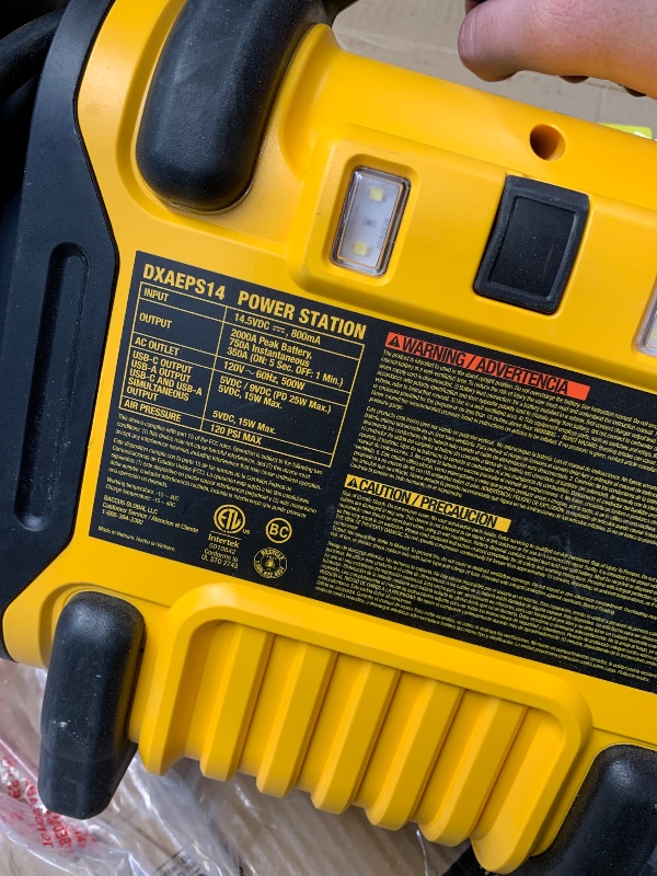 Photo 1 of (PARTS) (NOT FUNCTIONAL) DEWALT DXAEPS14-Type2 2000 Peak Battery Amp 12V Automotive Battery Booster Jump Starter/Power Station with 120 PSI Compressor, 500W AC Power Inverter, and 15W USBa & 25W USB Ports
