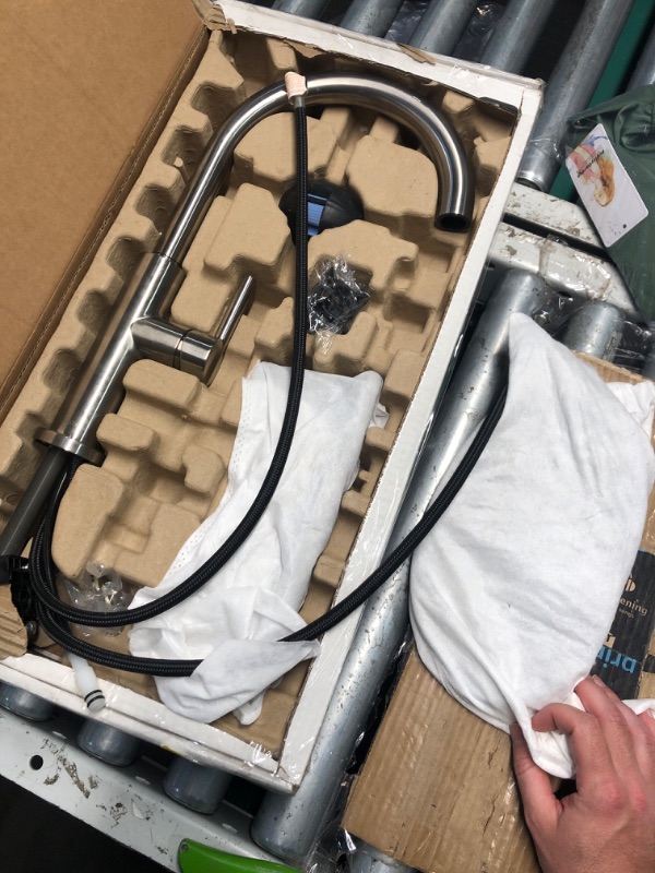 Photo 1 of (MISSING NOZZLE) (PARTS) Delta Nicoli Brushed Nickel Kitchen Faucet with Pull Down Sprayer, Modern Single Hole Kitchen Sink Faucet, Single Handle, Stainless Steel 19867LF-SS