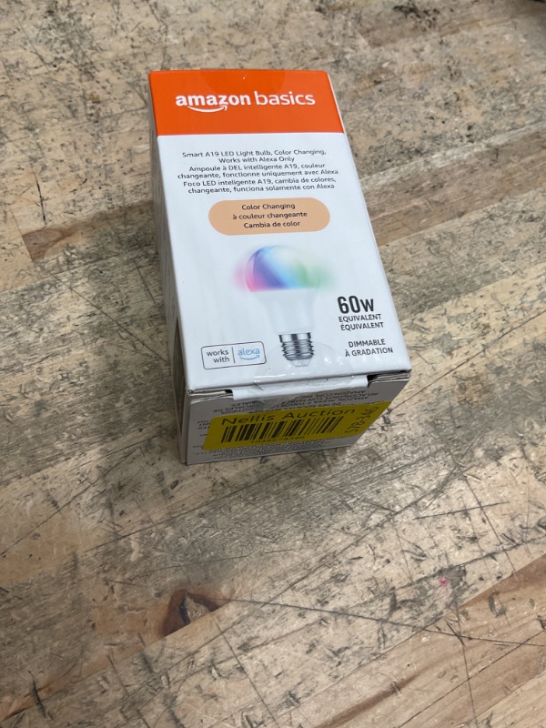 Photo 1 of Amazon Basics Smart A19 LED Light Bulb, Color Changing, 9W (60W Equivalent), 800LM, Works with Alexa Only, 2.4 GHz Wi-Fi, No Hub Required, 1 Pack