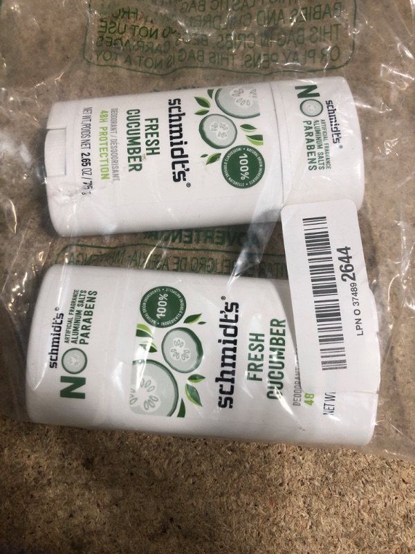 Photo 1 of  2 pack Schmidt's Aluminum-Free Vegan Deodorant Fresh Cucumber 4 Count for Women and Men, with 24 Hour Odor Protection, Natural Ingredients, Cruelty-Free, 2.65 oz