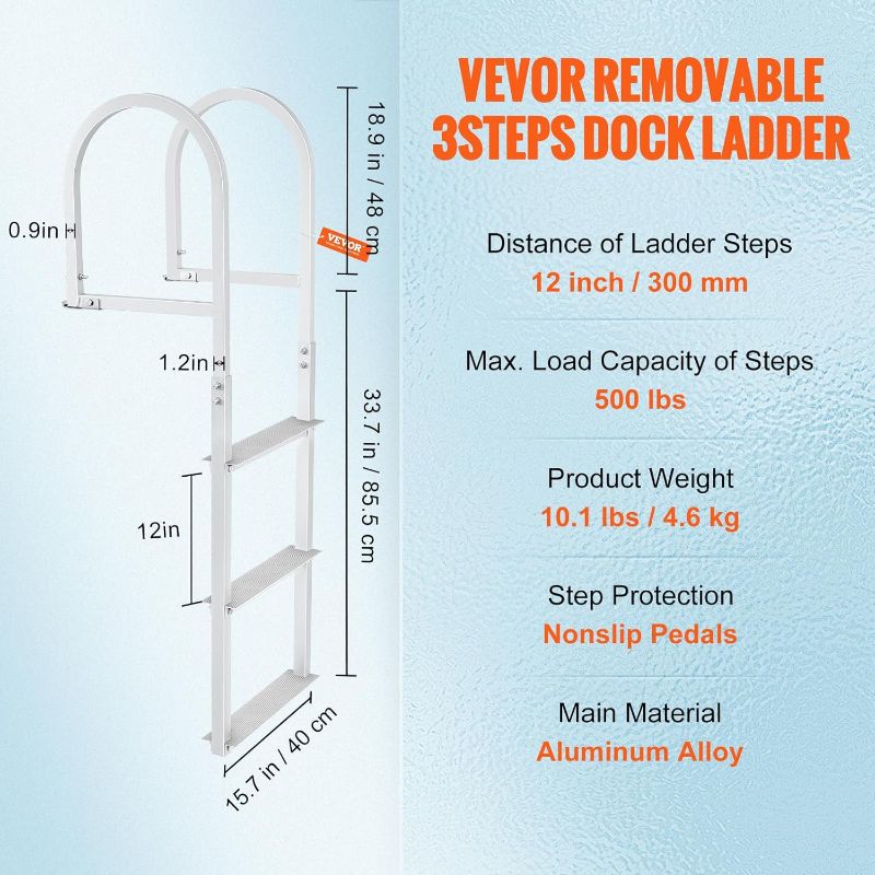 Photo 1 of (PARTIAL SET) VEVOR Removable Dock Ladder 3 Steps, 500lbs Load Capacity, Aluminum Swim Ladders, Pontoon Boat Ladder with Nonslip Design for Lake, Marine Boarding, Pool