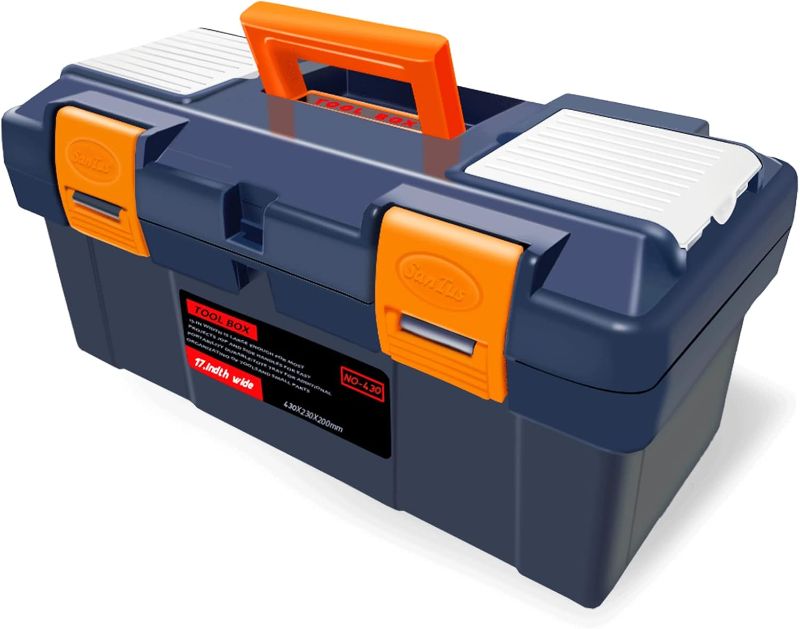 Photo 1 of *PHOTO FOR REFERENCE* Santus 19-Inch Tool Box with Organizer Tray Plastic Portable Large Tool Boxes with Small Parts Organizer Box Durable 2 Tier Storage Box For Hardware, Screws, Bolts, Nuts (Blue), (ST-450)

