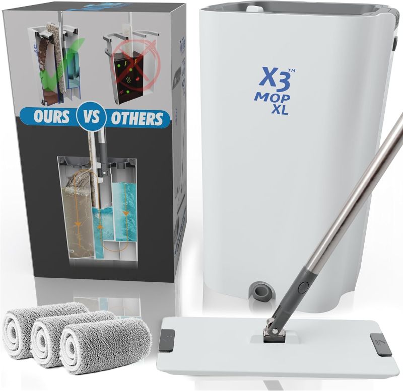 Photo 1 of *JUST THE BIN**X3 Mop XL, Separates Dirty and Clean Water, 3-Chamber Design, Flat Mop and Bucket Set, Hands Free Home Floor Cleaning, 3 Reusable Microfiber Mop Pads Included
