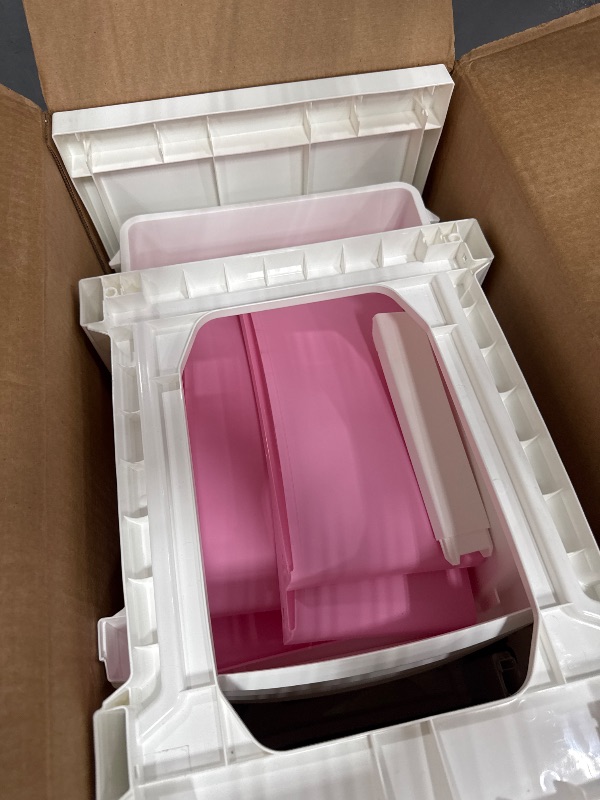 Photo 1 of *BROKEN PIECE* IRIS USA Plastic Drawer Storage Organizer, 4-Drawers, for Classroom Art Supplies Bathroom Dorm Bedroom Laundry Room, Slim Narrow, White Frame with Matte Pink Front Panels