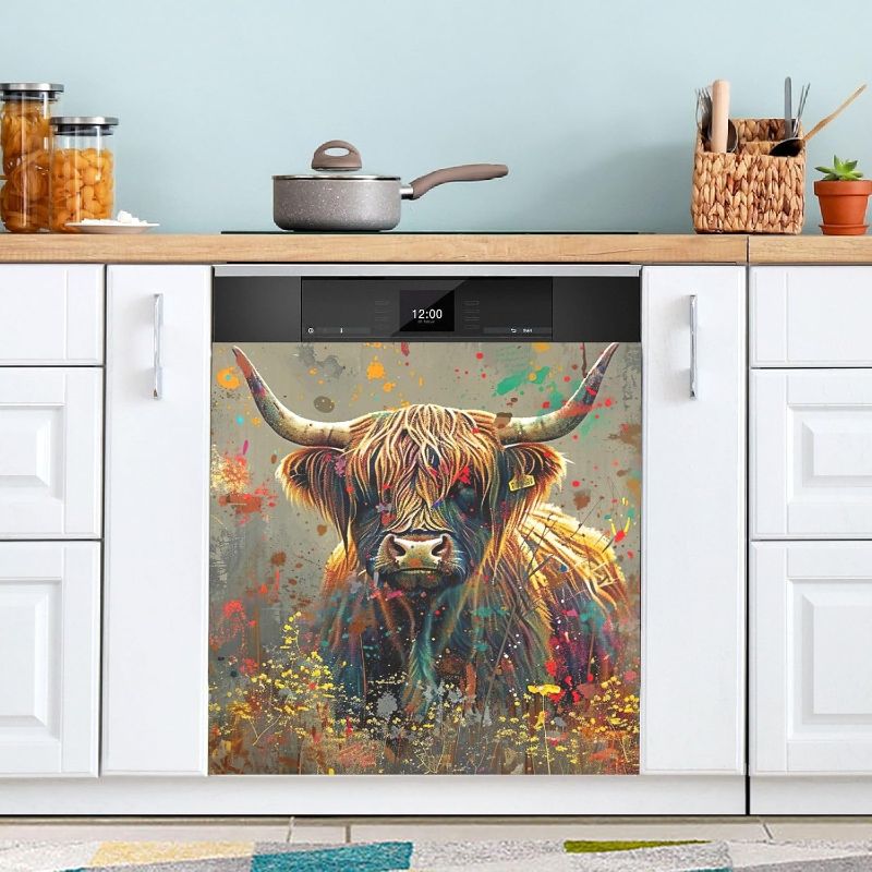 Photo 1 of *PHOTO FOR REFERENCE NOT EXACT *Exnundod Magnet Dishwasher Cover Highland Cow 4th July Dishwasher Magnetic Cover for Front Door USA Flag Refrigerator Magnet Cover Decortive Panel Sticker 23x26 Inch