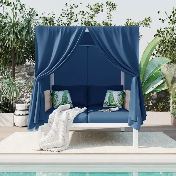 Photo 1 of ***JUST FRAME PARTS/MISSING PARTS**Outdoor Patio Sunbed with Curtains, High Comfort, Suitable for Multiple Scenarios BLUE
