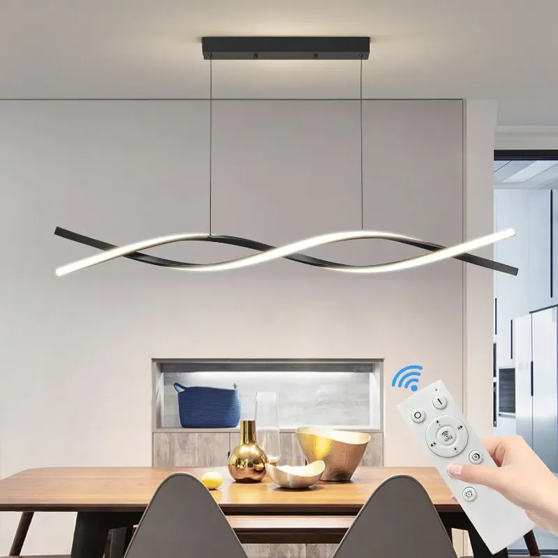 Photo 1 of 47inch Black Chandelier Modern Ceiling Wave Pendant Light Fixtures Hanging LED Color Temperature and Height Adjustable Chandeliers for Dining Room, Living Room, Bedroom, Kitchen, Island
 **THIS IS PLASTIC NOT GLASS ****