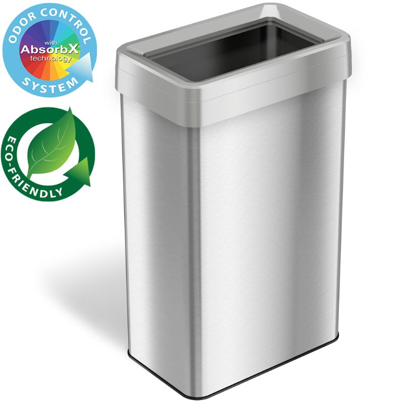 Photo 1 of 21 Gal. Stainless Steel Rectangular Metal Household Trash Can with Trash Sticker, Open Top, and Dual Odor Filters   
***(SMALL DENT)***