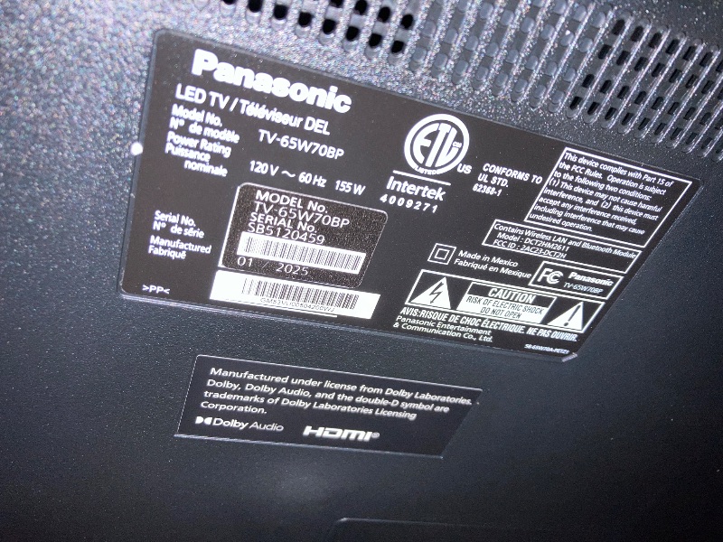 Photo 1 of ***PARTS ONLY***
Panasonic W70 Series (2025 Model) 65" LED 4K Ultra HD Smart Fire TV, Press & Ask Alexa, Apple AirPlay, HDR10+, HDMI 2.1, and Bluetooth Support - 65W70BP
