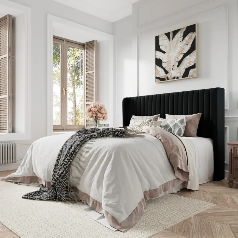 Photo 1 of Amolife Full Size Velvet Upholstered Bed with Wingback Headboard, Black
