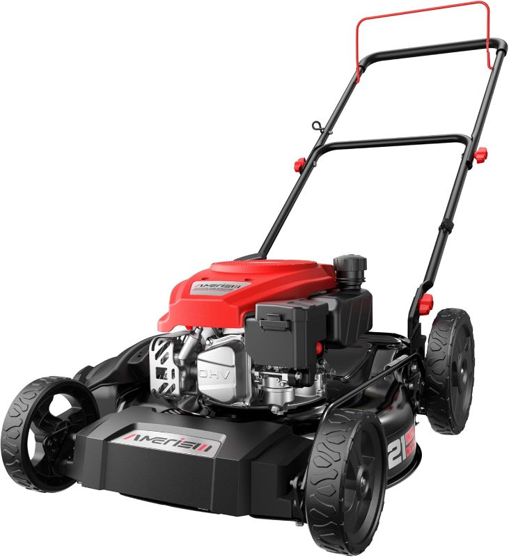 Photo 1 of 144cc Gas Lawn Mower, 21 inch 2-in-1 Mulching & Side Discharge, 6-Position Height Adjustment, Foldable Handles for Lawn, Yard, and Garden Maintenance
