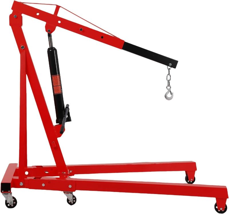 Photo 1 of 2 Ton Engine Hoist, Folding Cherry Picker Engine Hoist with Lever and 6 Casters, Heavy Duty Hydraulic Shop Crane, Engine Crane Lifter for Garage Workshop, Red