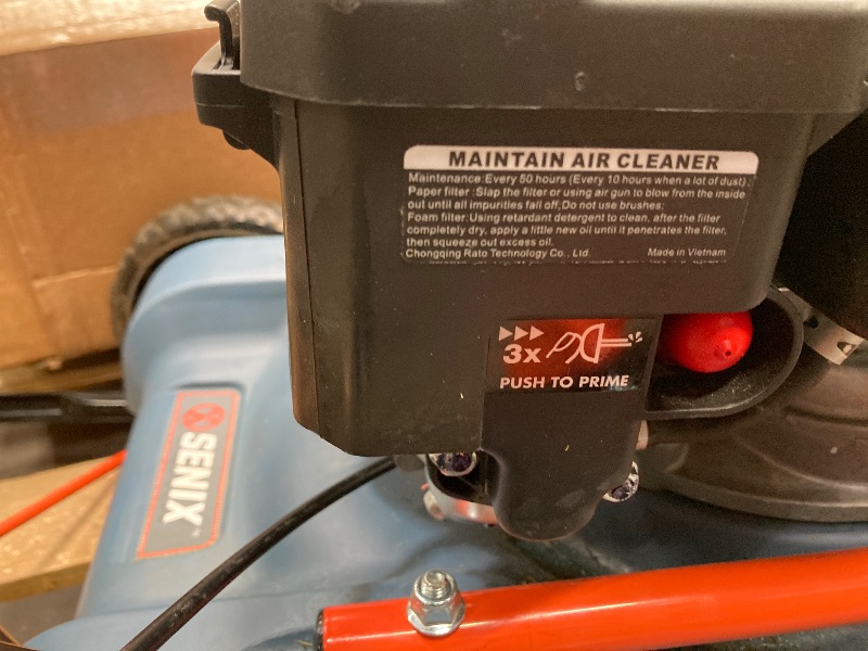 Photo 1 of ***MISSING A WHEEL****SENIX Gas Lawn mower, 18in Cutting Blade / 19in Cutting Deck, 144cc 4-Cycle Engine Push Mower with Side Discharge
