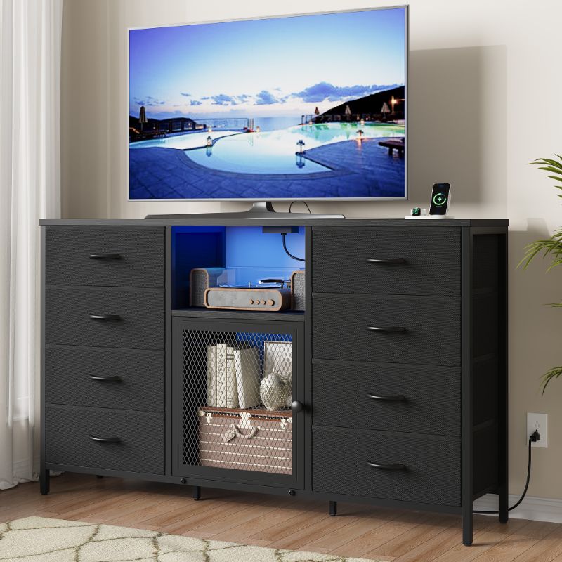 Photo 1 of 8 Drawer Dresser, 52"W TV Dressers for Bedroom, TV Stand for 65" TVs with Power Outlets LED Lights, Fabric Chest of Drawers Storage Organizer - Black
