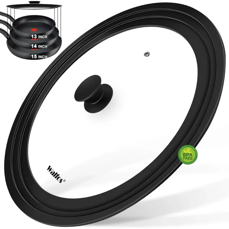 Photo 1 of **MISSING KNOB**Walfos Universal Lid for Pots, Pans and Skillets - Tempered Glass with Heat Resistant Silicone Rim, Fits 13",14" and 15" Diameter Cookware
