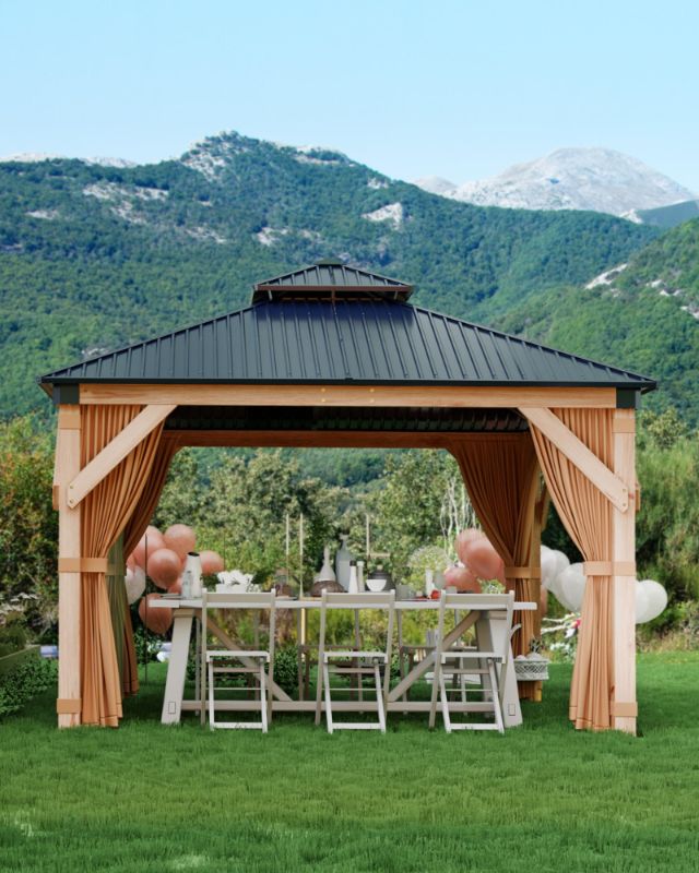 Photo 1 of ***PARTS ONLY***
GarveeLife Hardtop Wood Gazebo 12'x12' for All Weather, with Double Metal Roof, Heavy Duty Wooden Frame, Net, and Curtain, Permanent Building for Patio, Deck, Backyard, Lawn, and Garden, Khaki*****missing box 6/6*****