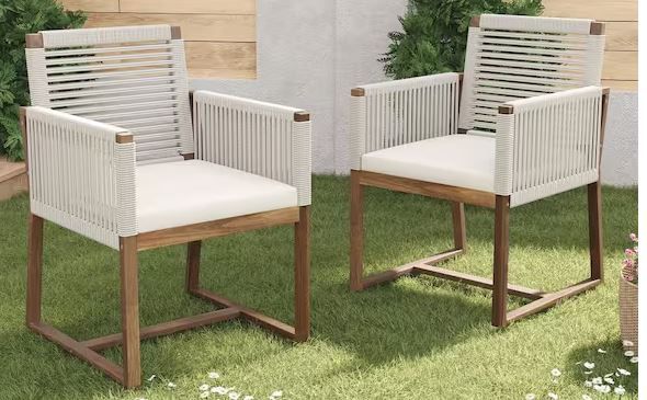 Photo 1 of 2-Piece Acacia Wood Outdoor Dining Chairs with Arms and Washable White Cushion, for Backyard, Poolside, Garden