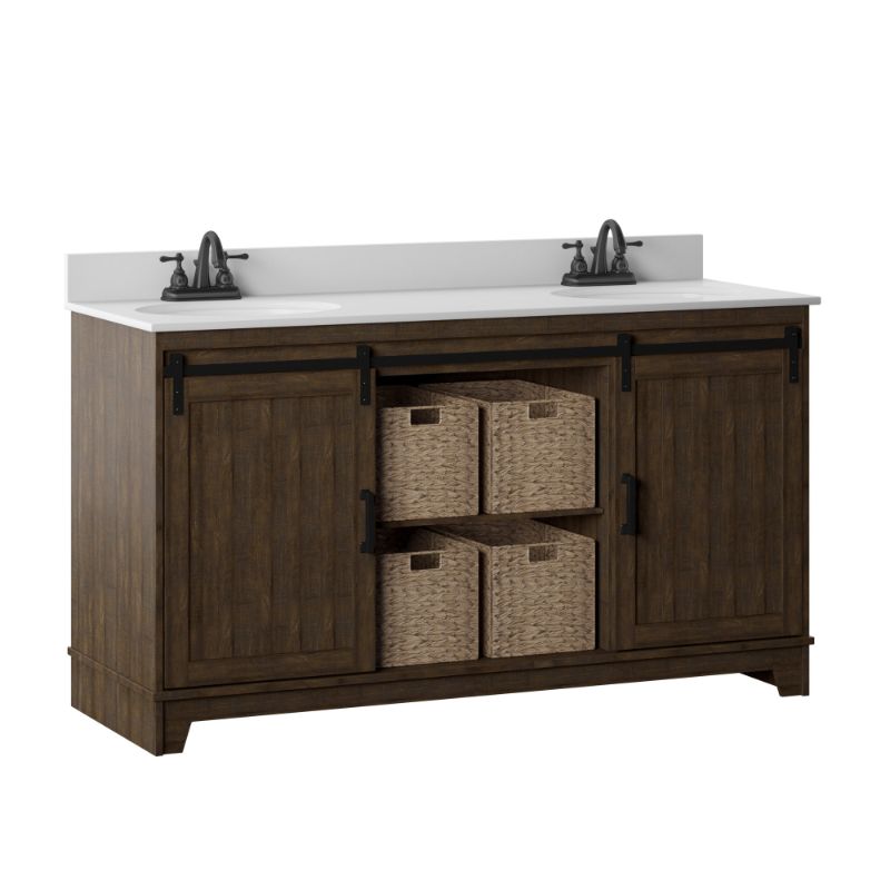 Photo 1 of 60 in.W X 22 in. D X 37.88 in. H Double Sink Bath Vanity in Saw Cut Espresso with White Marble Top and Sliding Barn Door