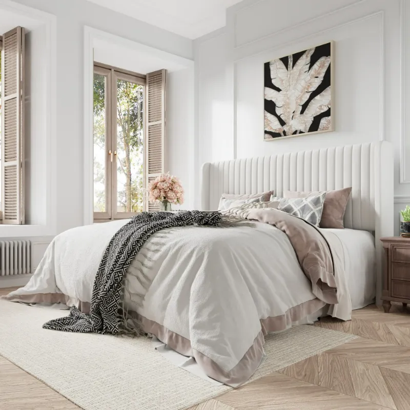 Photo 1 of Amolife King Size Velvet Upholstered Bed with Wingback Headboard, Off-white
