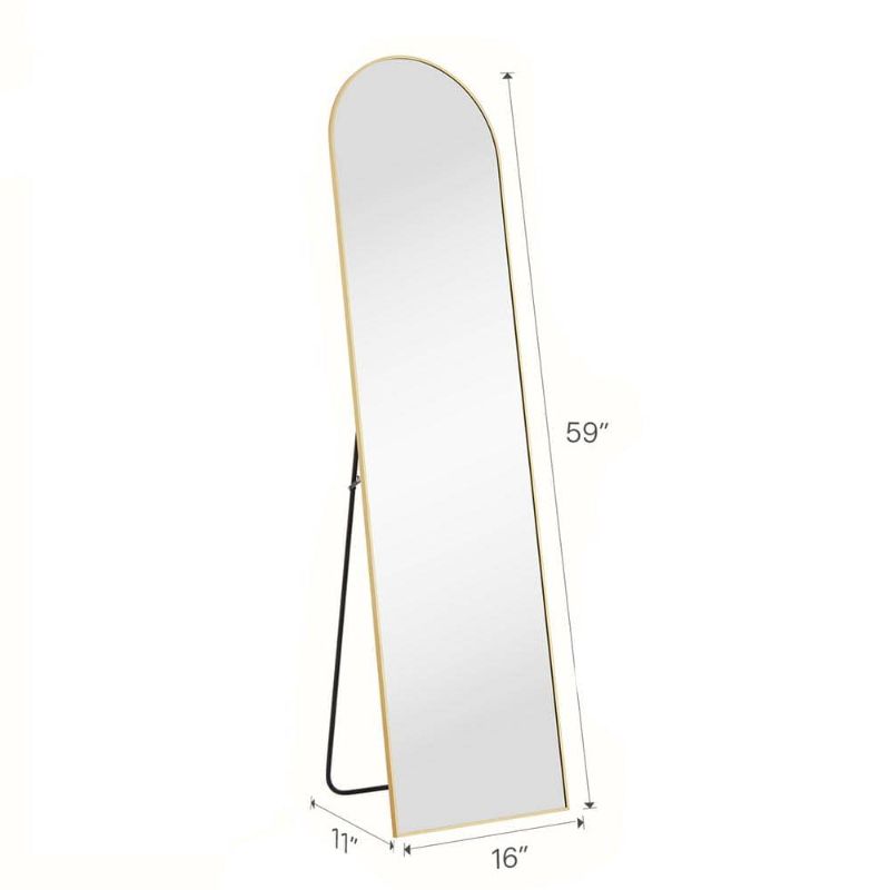 Photo 1 of 16 in. W X 59 in. H Aluminum Alloy Frame Gold Arched Floor Mirror, Floor Stand and Wall Mounted Hooks