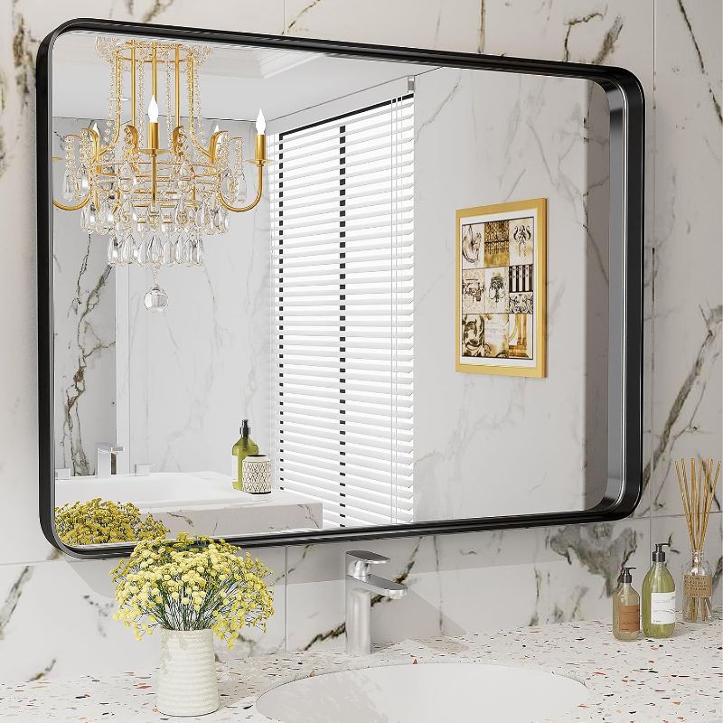 Photo 1 of 
EWBULIG Bathroom Mirror,30" x 40" Wall Mounted Mirror,Matte Bathroom Vanity Mirror,Rounded Rectangle Mirror,Explosion-Proof Tempered Glass,Aluminum Alloy Framed,Hangs Horizontally or Vertically,Bla