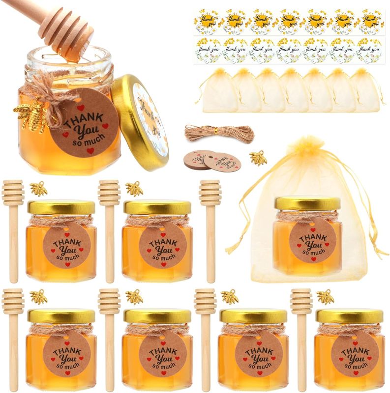 Photo 1 of 1.5 oz Mini Glass Honey Jars, Honey Jars Party Favors in Bulk, with Dipper,Stickers,Gold Lid,The Golden Bee pendant,Gift Bags and Jute,for Baby Shower,Wedding Party Favor?8 pcs